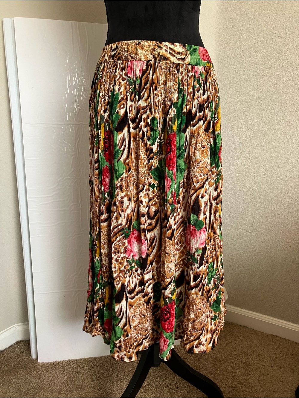 Floral Leopard Print Maxi Skirt - Brown/Green/Pink